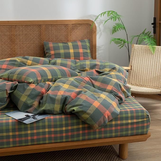 VM VOUGEMARKET Plaid Duvet Cover Set Queen Washed Cotton Reversible Bedding Multicolor Buffalo Grid Duvet Cover with 2 Pillowcases for Men Women(Orange/Grey/Green,Queen)
