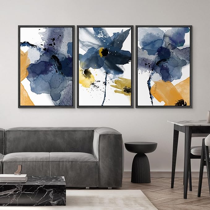SIGNWIN Framed Canvas Wall Art Blue and Orange Blossoms Botanical Flower Watercolor Modern Art Tropical Relax/Calm for Living Room, Bedroom, Office - 24"x36"x3 Black
