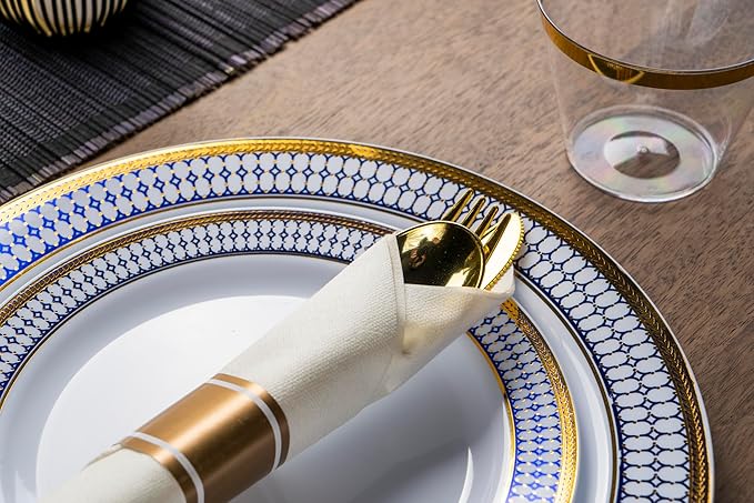 MONEST 350Pcs Blue and Gold Plastic Silverware Set for 50 Guests, Disposable Dinnerware Set includes: 50 Pre Rolled Napkins with Utensils, 50 Dinner Plates, 50 Dessert Plates, 50 Cups (Royal Sapphire)
