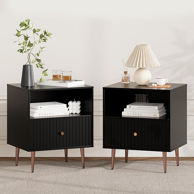 Black Night Stand Set 2,Modern Bedside Table with Door and Open Storage,Fluted Nightstand and Wood End Side Table with Rose Gold Metal Legs and Handles for Bedroom,Living Room,Black