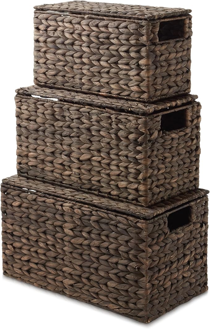 Casafield Set of 3 Water Hyacinth Storage Baskets with Lids, Espresso - Small, Medium, Large Woven Nesting Bins for Bathroom, Bedroom, Closets, Shelves