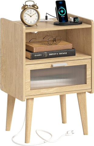 Nightstand with Charging Station, Bedside Tables with Glass Decorative Door, Natural End Table, Side Table with 2 Tiers Storage Space for Bedroom Living Room CAMLBZ07YE