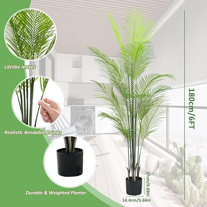 6FT Artificial Palm Tree – Realistic Faux Tropical Plant with UV-Resistant Leaves, Maintenance-Free Indoor Outdoor Palm Plant for Home Office Patio Décor
