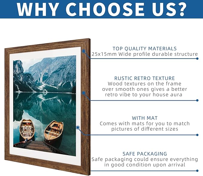 12x16 Picture Frame Set of 2, Rustic Brown Wood Style - Display 12 x 16 Poster without Mat or 11x14 Picture with Mat, Wall Mounting Horizontal and Vertical