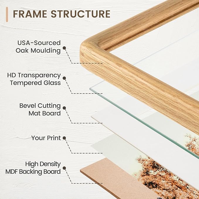 11x14 Picture Frame, Solid OAK Wood Frame with Real Glass, Hard Wood 11 by 14 Photo Frame for Wall & Tabletop Display, 11x14 Picture Frame Matted to 8x10, Natural OAK Color