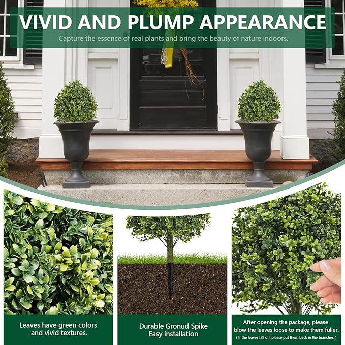 Fake Bushes Outdoors Topiary Trees Set of 2-23.6'' Artificial Shrubs Boxwood Balls with Ground Spikes for Front Porch Decor, Faux Plants UV Resistant Fake Evergreen Tree for Home Decor