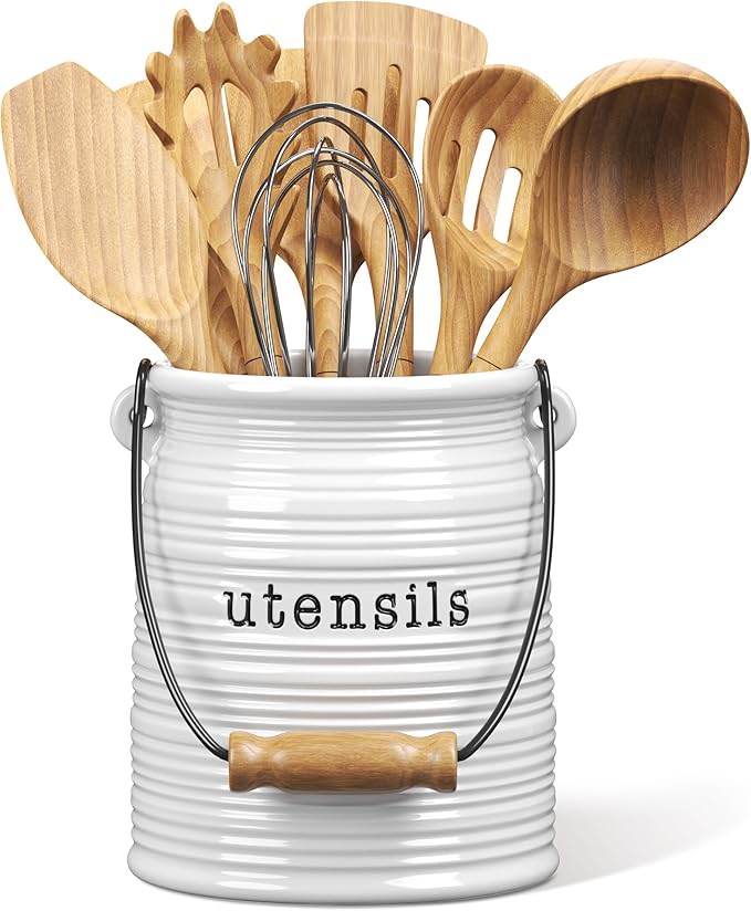 Barnyard Designs Ceramic Farmhouse Kitchen Utensil Holder for Countertop, Decorative Kitchen Utensil Crock for Counter, Spatula Holder, 6" White