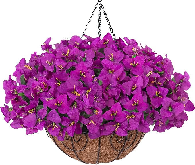 Artificial Fake Hanging Flowers Plants Basket for Outdoors Decoration, Faux Silk Bougainvillea Flowers in Planter Look Real UV Resistant Faux Flower for Outside Porch Patio Garden Home Decor, Purple