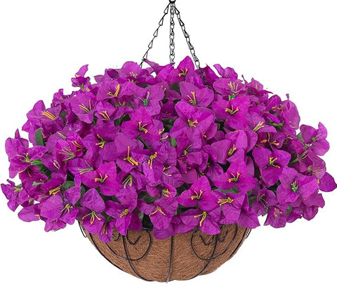 Artificial Fake Hanging Flowers Plants Basket for Outdoors Decoration, Faux Silk Bougainvillea Flowers in Planter Look Real UV Resistant Faux Flower for Outside Porch Patio Garden Home Decor, Purple