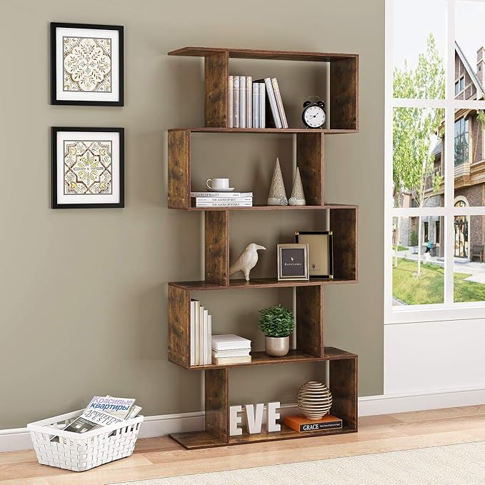 Yusong Bookshelf 5-Tier, Geometric Bookcase S Shaped Book Shelves for Bedroom, Modern Industrial Wood Decorative Display Shelf Book Case for Home Office, Rustic Brown