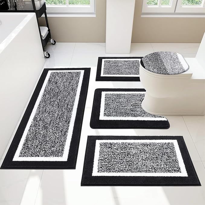 Pauwer Bathroom Rugs Set 5 Piece, Plush Absorbent Microfiber Bath Mats for Bathroom, Non Slip Washable Bath Rug Set with U Shaped Contour Toilet Rugs, Shower Rug and Toilet Lid Cover, Black