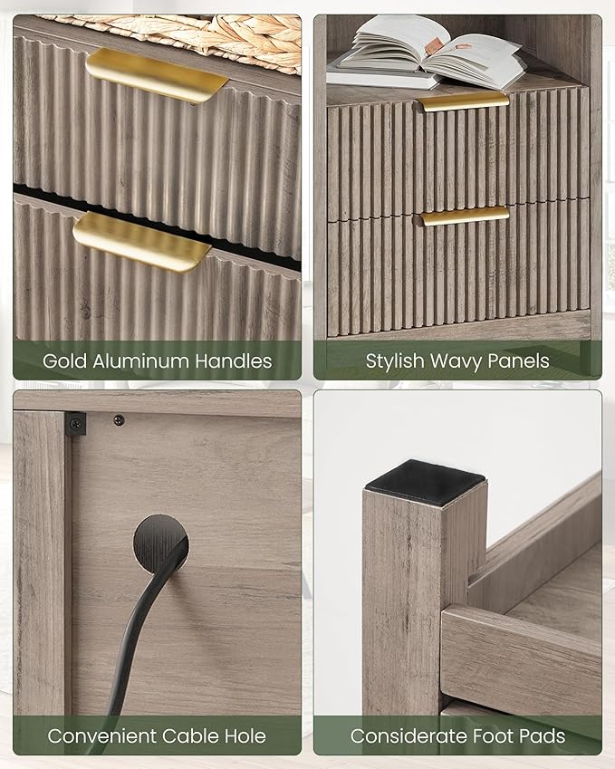 Fluted Nightstand, End Table with Charging Station and 2 Drawers, Farmhouse Nightstands with Fluted Panel, Engineered Wood Side Table for Bedroom Greige MBZ06UFH