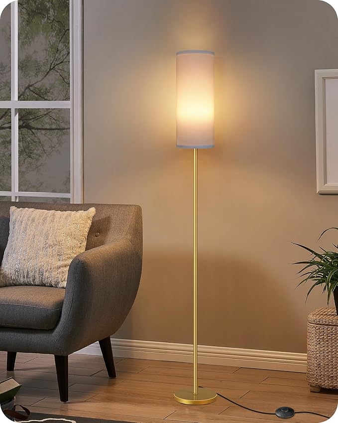 Dimmable Floor Lamp for Living Room with Remote and Foot Switch, Corner Floor Lamp, 66'' Standing Tall Lamp, 10W 900LM LED Bulb Included, 3000K-6500K, Linen Shade, Gold White, FCC Listed DCW06LD05W1