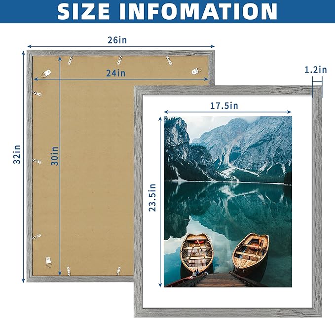 24x30 Frame Set of 2, Rustic Grey Wood Style - Display 18x24 Picture Frame with Mat or 24 x 30 Poster without Mat, Wall Mounting Horizontal and Vertical