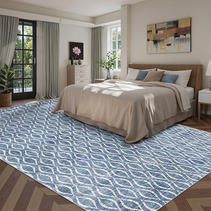 WITSHOCK 12x15 Area Rugs: Washable Non-Slip Soft Geometric Boho Print Pattern Large Thin Indoor Rug for Living Room Bedroom Dining Room, Carpet for Nursery Playroom Decor, Kid & Pet Friendly, Blue