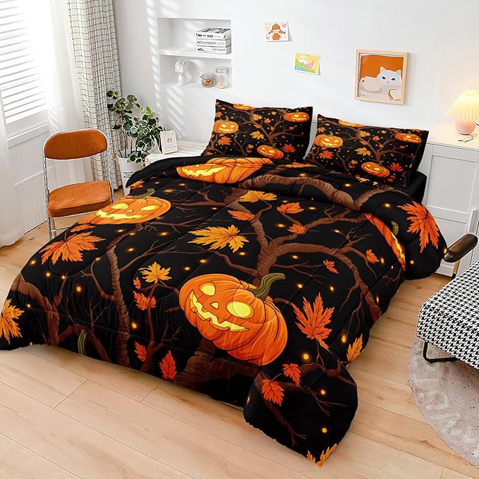 Black Pumpkin Bedding Happy Halloween Comforter Set Orange Pumpkin Lantern Spooky Ghost Festival Theme Black Halloween Bedding Set Queen Size