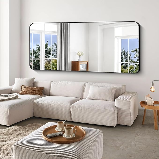 Large Bathroom Mirror, 72x30 inch Black Rectangle Mirror, Metal Frame Rectangular Vanity Mirror, Wall Mounted Mirror with Rounded Corner for Bedroom Living Room Hangs Horizontal Or Vertical