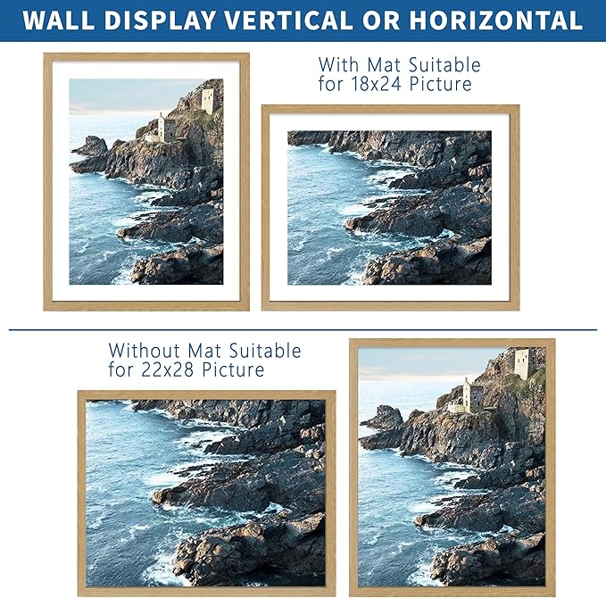 22x28 Frame Set of 2, Natural Oak Wood Style - Display 18x24 Picture Frame with Mat or 22 x 28 Poster Frame without Mat, Wall Mounting Horizontal and Vertical