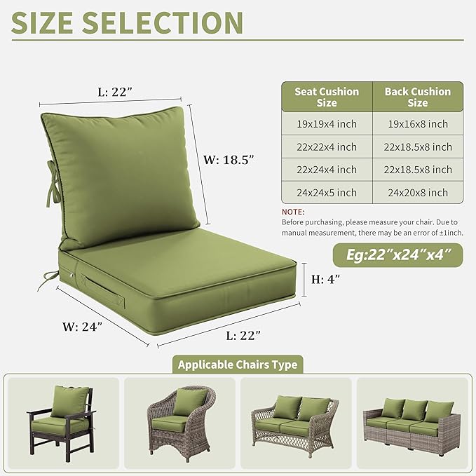 Premium Outdoor Seat Cushion Chair Cushions for Patio Furniture 22 L X 24 W X 4 H Waterproof & Fade Resistant Deep Seat and Backrest Cushion Set with Removable Covers for Chair, Sofa