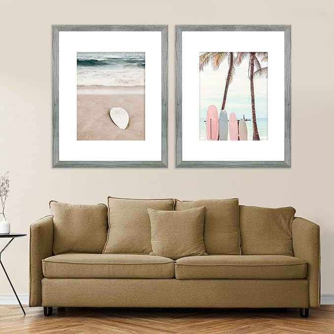16x20 Frames Set of 2, Rustic Grey Wood Style - Display 16 x 20 Picture without Mat or 11x14 Picture with Mat, Wall Mounting Horizontal and Vertical