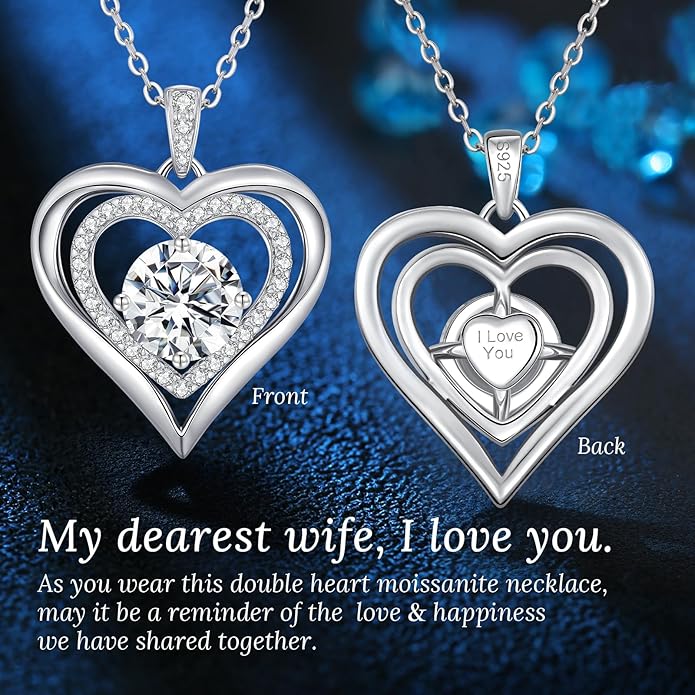 Moissanite Heart Pendant Necklaces for Women, 925 Sterling Silver Gold Plating Lab-Created Gem Necklace Engraved with 'I LOVE YOU', Ideal Anniversary Birthday Christmas Valentine Engagements Mothers Day Jewelry Gifts for Mom Wife Girlfriend Daughter Her