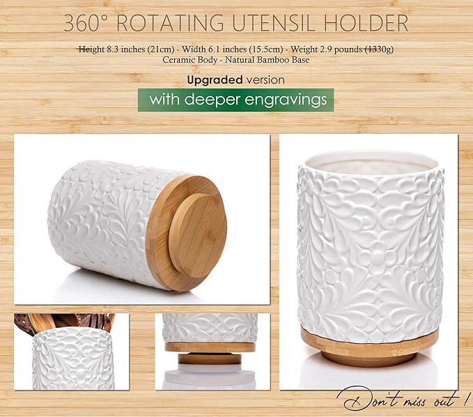Extra Large 360° Rotating Utensil Holder for Kitchen Counter, 8.3” Cooking Utensil Holder for Countertop with Bamboo Base, White Ceramic Utensil Crock Canister for Cooking Utensils - Engraved Design