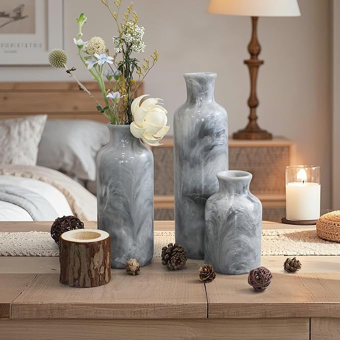 Resin 3 Piece Vase Set, Farmhouse Decor, Home Decorative Vase, Vases for Your Kitchen, Bedroom, Office, Living Room, Bathroom, & Shelf Centerpiece Table Decorations, Grey