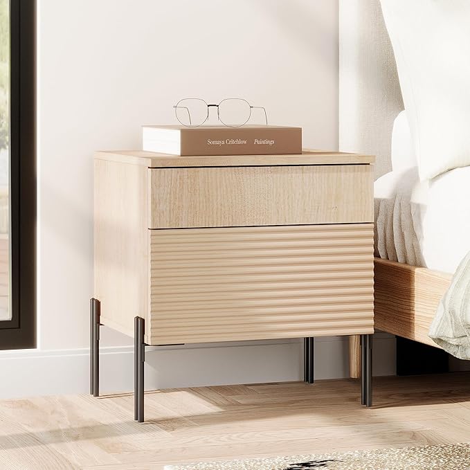 WAMPAT Fluted Nightstands Set of 2 with Charging Station,19.7" Tall Mid Century Modern Night Stands, Wood Side End Table with 2 Drawers,Wood Bedside Table with Metal Legs for Bedroom,Living Room,Beige