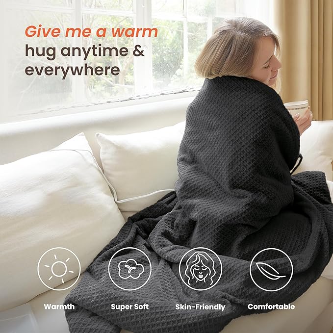 Heated Blanket Electric Blanket Twin Waffle, 62x84 Inches Sherpa Fleece Fast Heating Blanket 6 Heating Levels & 10 Hours Auto Off ETL Certification,Charcoal Grey Twin