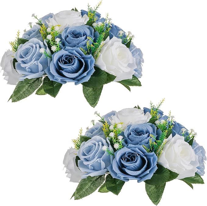NUPTIO Flower Balls for Wedding Centerpieces - 2 Pcs 9.5 inch Diameter Fake Flower Ball Arrangement Bouquet Party Centerpieces for Tables - Dusty Blue Rose Bouquet Centerpiece Flowers for Table