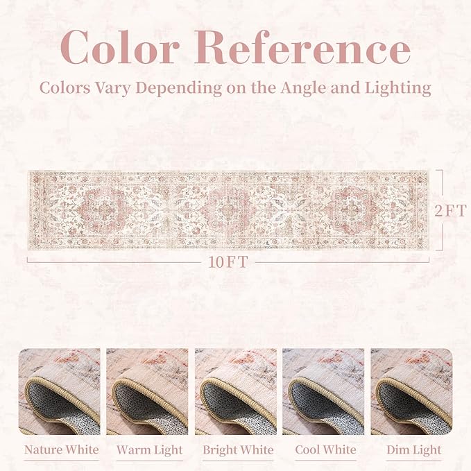 PADOOR-Vintage Runner Rug 2X10 Runners for Hallways-Soft Pink Washable Bedside Rugs for Bedroom-Non Slip Long Rug for Hallways Entryway Laundry Room Stair Kitchen Bathroom