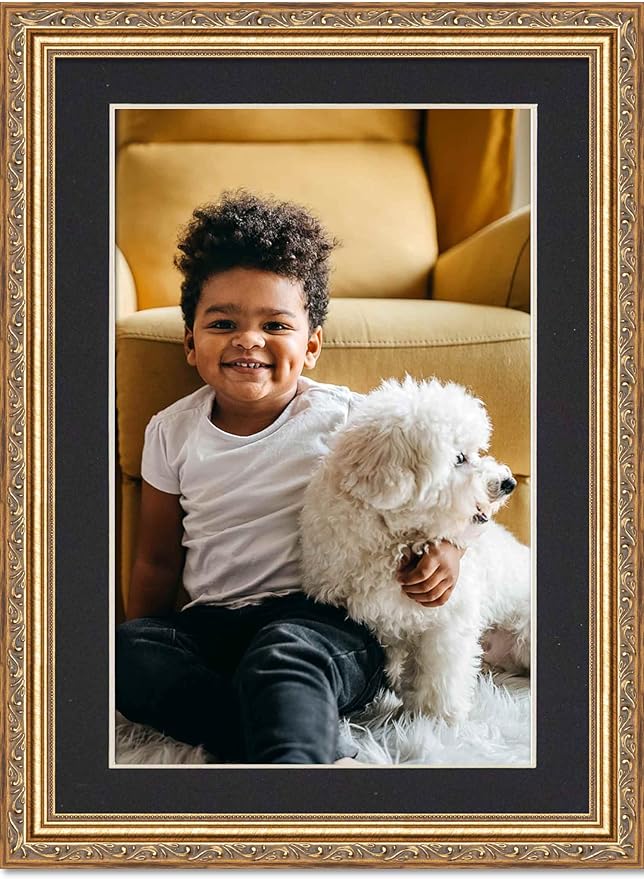 11.5x17 Frame with Mat - Antique Gold 14x19 Frame Wood Made to Display Print or Poster Measuring 11.5 x 17 Inches with Black Photo Mat