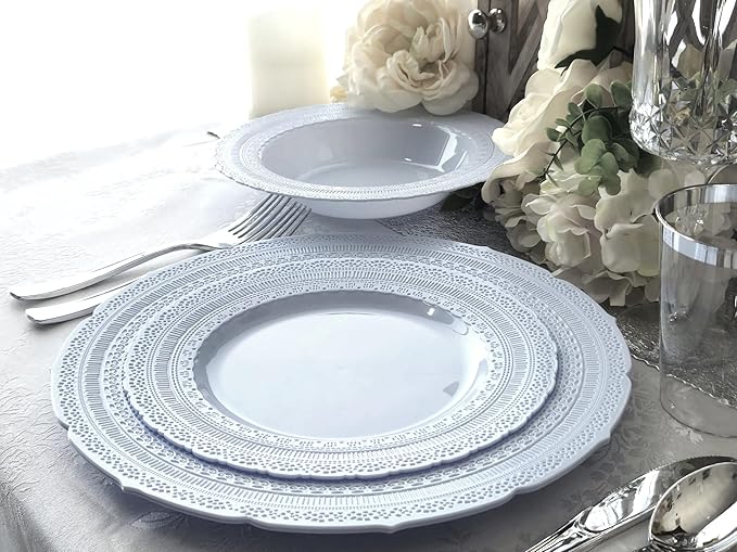 " OCCASIONS " 240 Plates Pack,(120 Guests) Extra Heavyweight Vintage Wedding Disposable/Reusable Plastic Plates 120x11'' Dinner + 120x8.25'' Salad/Dessert Plate (Chateau Blue)