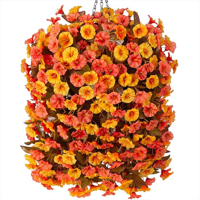 Artificial Fall Hanging Flowers Plants with Baskets for Outdoor Decoration,Fake Faux Silk Morning Glroy Flowers Arrangement Planter for Home Indoor Outside Porch Patio Decor