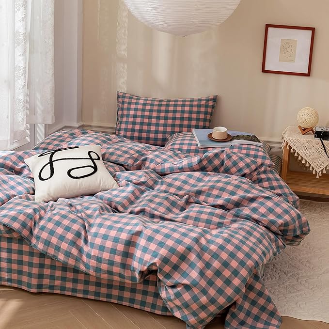 VM VOUGEMARKET 3 Pieces Grid Duvet Cover Set Washed Cotton Pink Purple Blue Plaid Checker Printed Comforter Cover with Zipper Soft Lightweight & Breathable Quilt Cover Set King