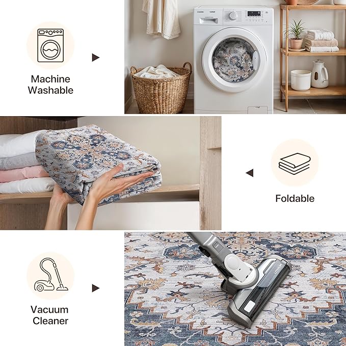 GENIMO 5X7 Area Rugs for Living Room, Machine Washable Vintage Floor Cover Foldable Modern Non Slip Rug, Low Pile Soft Indoor Carpet Floral Print Mat Rug,Bedroom/Dining Room/Home Office,Navy Blue