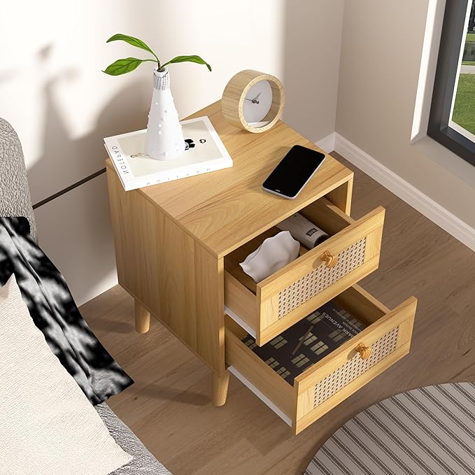Rattan Nightstand,Boho and Wood Night Stand with Drawers,Bedside Rattan Table and Small nightstand,Natural Wood Nightstand for Bedroom,Oak (Oak-2 Pcs)