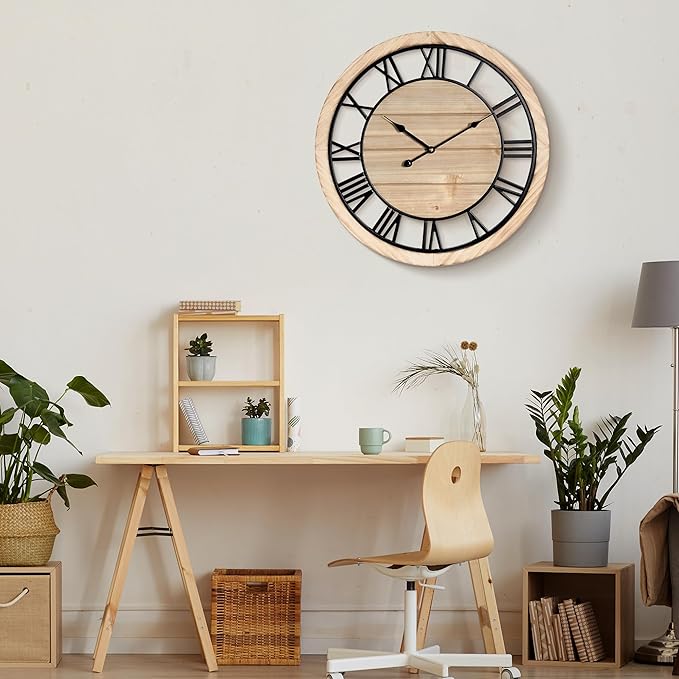 Maxstar 30'' Wall Clock for Living Room Decor, Silent Rustic Wooden Farmhouse Wall Clock with Metal & Real Wood Frame, Battery Operated, for Kitchen Bedroom Office, Roman Numerals