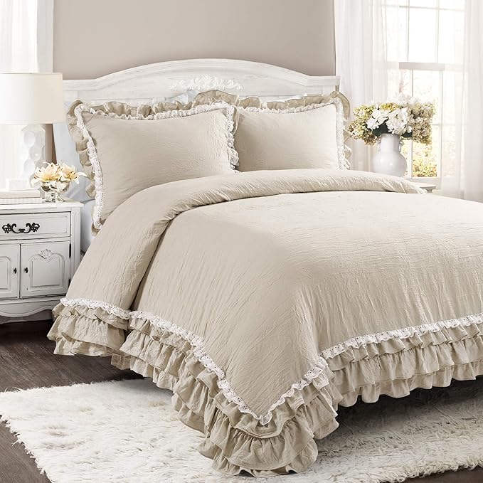 Lush Decor Ella Ruffle Lace Comforter, 3 Piece Set, Full/Queen, Neutral - Cute Comforter - Queen Bedding Set - Beige Bedding Full Size - Coquette Decor - Beige Lace Trim - Ruffle Trim