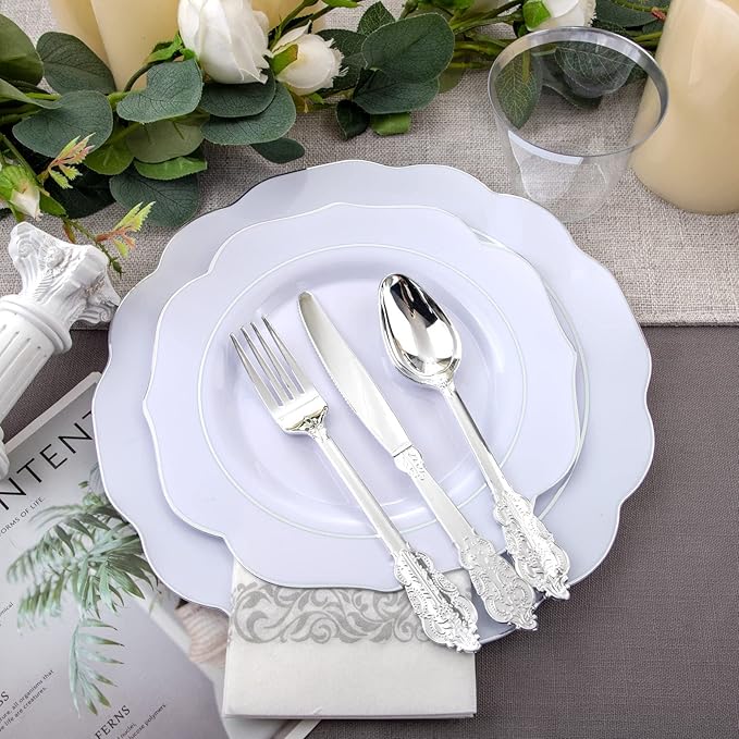 NOCCUR 175pcs Silver Plastic Plates - Christmas Plates - Silver Rim Plastic Tableware Include 25 Dinner Plates, 25 Dessert Plates, 25 Forks, 25 Knives, 25 Spoons for Wedding&Party