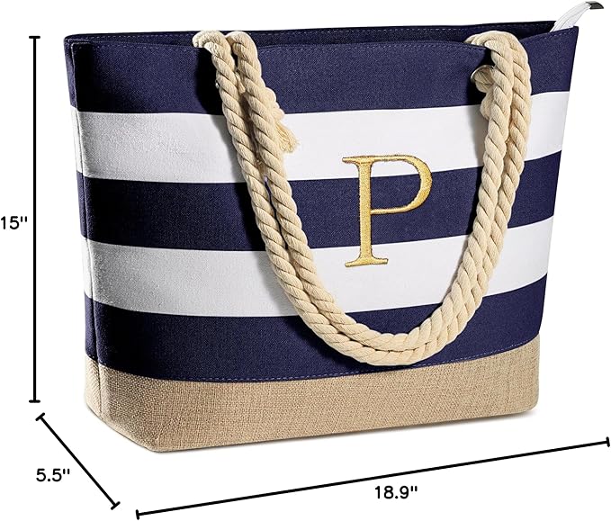 YOOLIFE Initial Canvas Waterproof Beach Tote Bag Zipper Personalized Gifts for Women Her Birthday Travel Beach Essential