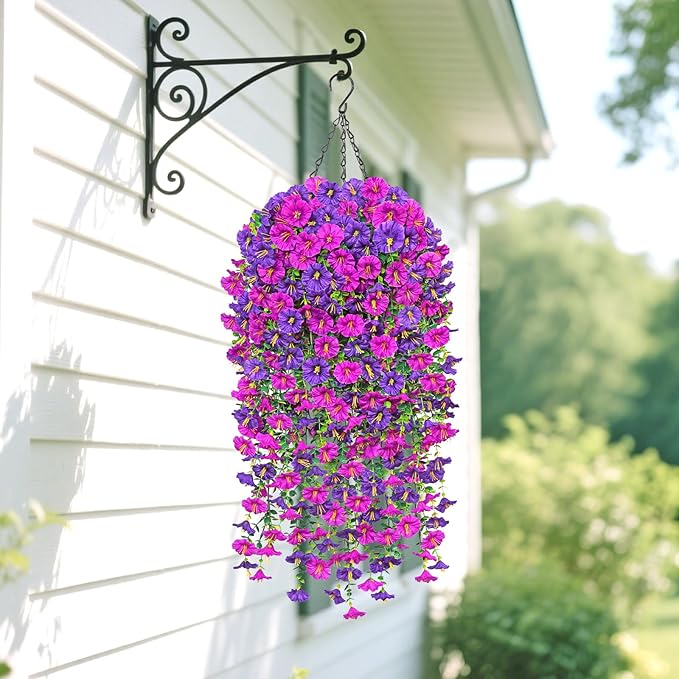TOCHGREEN 2 Set Artificial Faux Outdoor Flowers with Hanging Basket,2 Hanging Planters Fake Silk Morning Glory Vines Eucalyptus in Planter UV Resistant for Home Front Porch Balcony Garden Yard