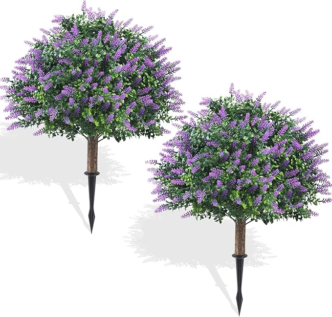 Set of 2 Pack Large Artificial Plants Lavender Topiary Ball Tree, 24.8" Tall Outdoor UV Resistant Simulated Bushes with Ground Spike, Faux Lavender Shrubs for Indoor, Front Porch, Home Garden