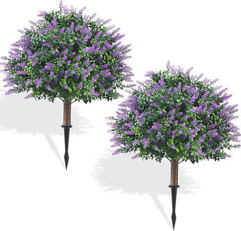 Set of 2 Pack Large Artificial Plants Lavender Topiary Ball Tree, 24.8" Tall Outdoor UV Resistant Simulated Bushes with Ground Spike, Faux Lavender Shrubs for Indoor, Front Porch, Home Garden