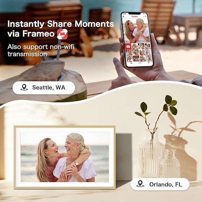 Digital Picture Frame, 15.6 inch Large Digital Photo Frame WiFi, 32GB Capacity, 1920 * 1080 IPS FHD Touch Screen, Electronic Frame Slideshow, Tabletop&Wall-Mounted, Gifts for Mom, Women, Golden