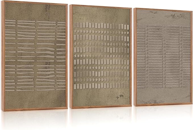 Large Abstract Brown Beige Framed Canvas Wall Art,Modern Lines Dots Wall Decor,Boho Neutral Minimalist Artwork,Mid Century Geometric Art Print for Living Room,Bedroom,Office-24 x36 x3