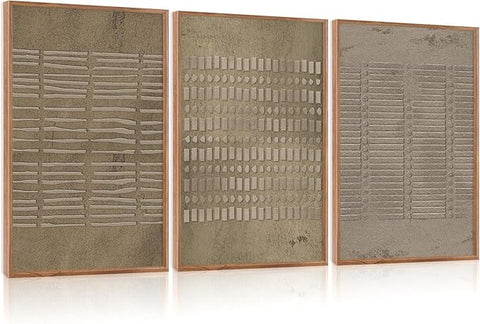 Large Abstract Brown Beige Framed Canvas Wall Art,Modern Lines Dots Wall Decor,Boho Neutral Minimalist Artwork,Mid Century Geometric Art Print for Living Room,Bedroom,Office-24 x36 x3