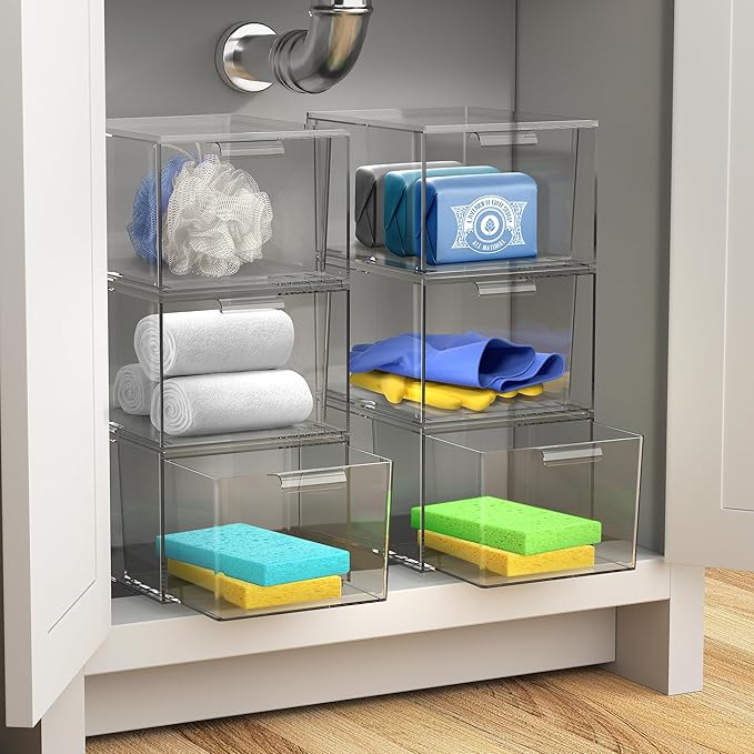 Sorbus Square Clear Stackable Storage Drawers – 4-Pack Plastic Organizer Bins with Handles – Stackable Pull-Out Storage Drawers for Closet, Pantry, Office, Bathroom, Craft, and Toy Organization
