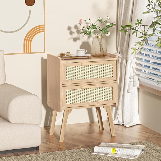 Lerliuo Rattan Nightstand, Boho Night Stand with 2 Drawers, Cane Accent Side End Table, Bedside Table with Solid Wood Legs for Bedroom, Dorm and Small Spaces (Natural)