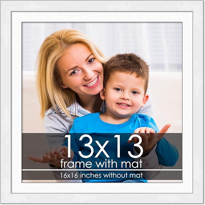 13x13 Frame with Mat - White 16x16 Frame Wood Made to Display Print or Poster Measuring 13 x 13 Inches with White Photo Mat